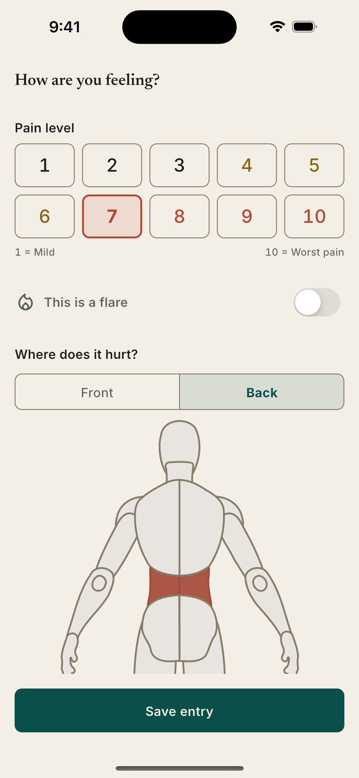 Pain Journal entry screen with the pain level set to 7 and both lower-back zones shaded in terracotta on the body map