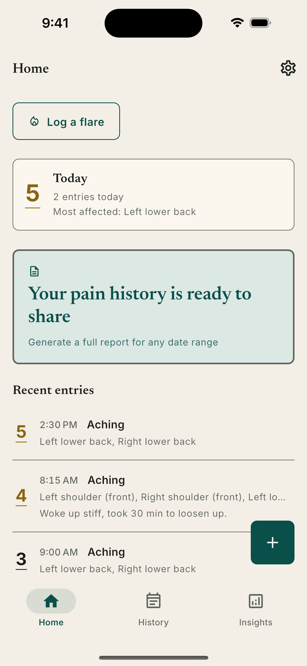 Pain Journal home screen with the Log a flare button above today's summary and a list of recent entries